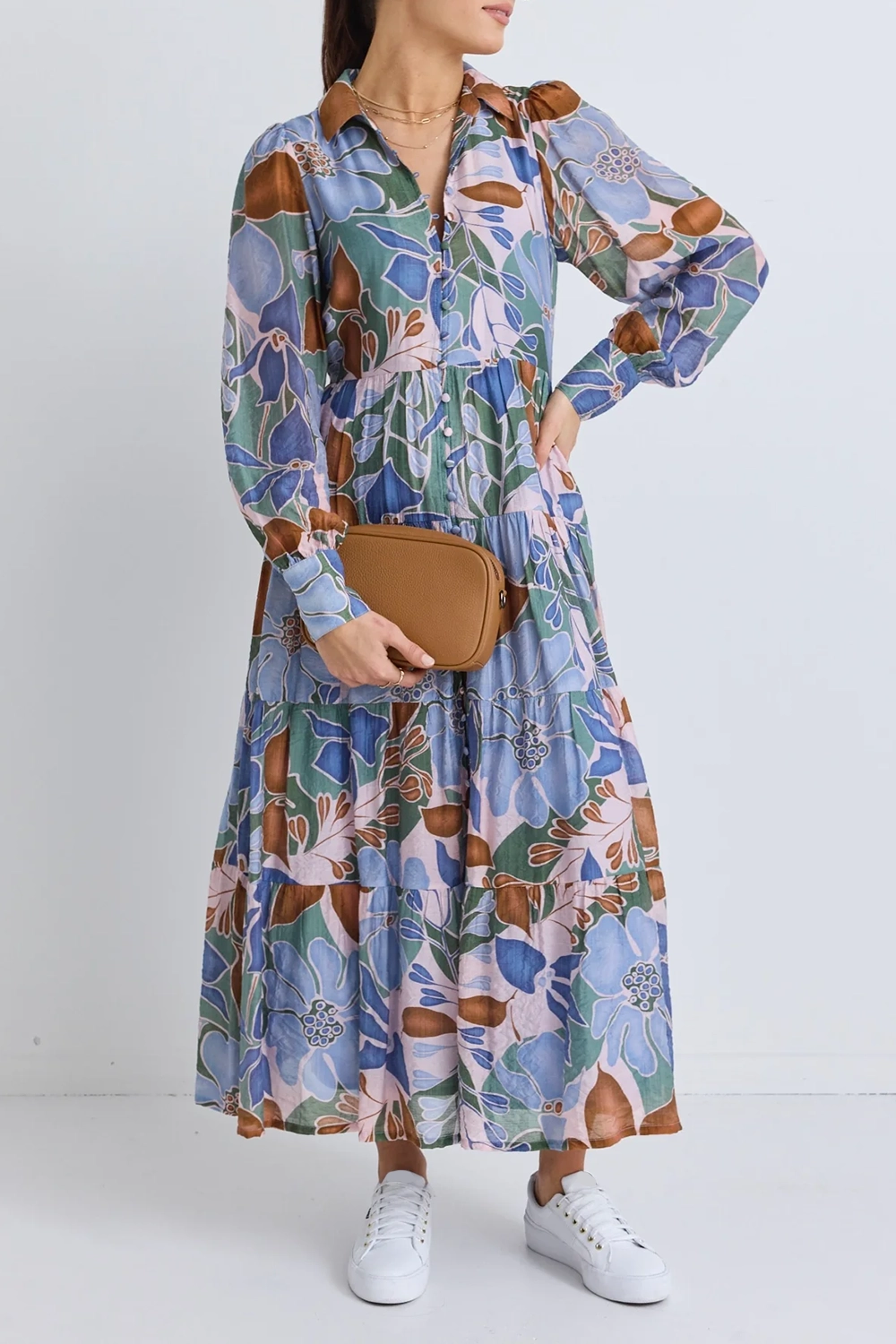 Khaki Floral Long - Sleeve Tiered Dress