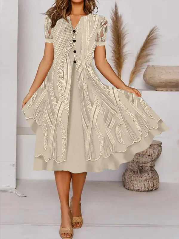 Casual Retro Print V Neck Button Short Sleeves Midi Dress