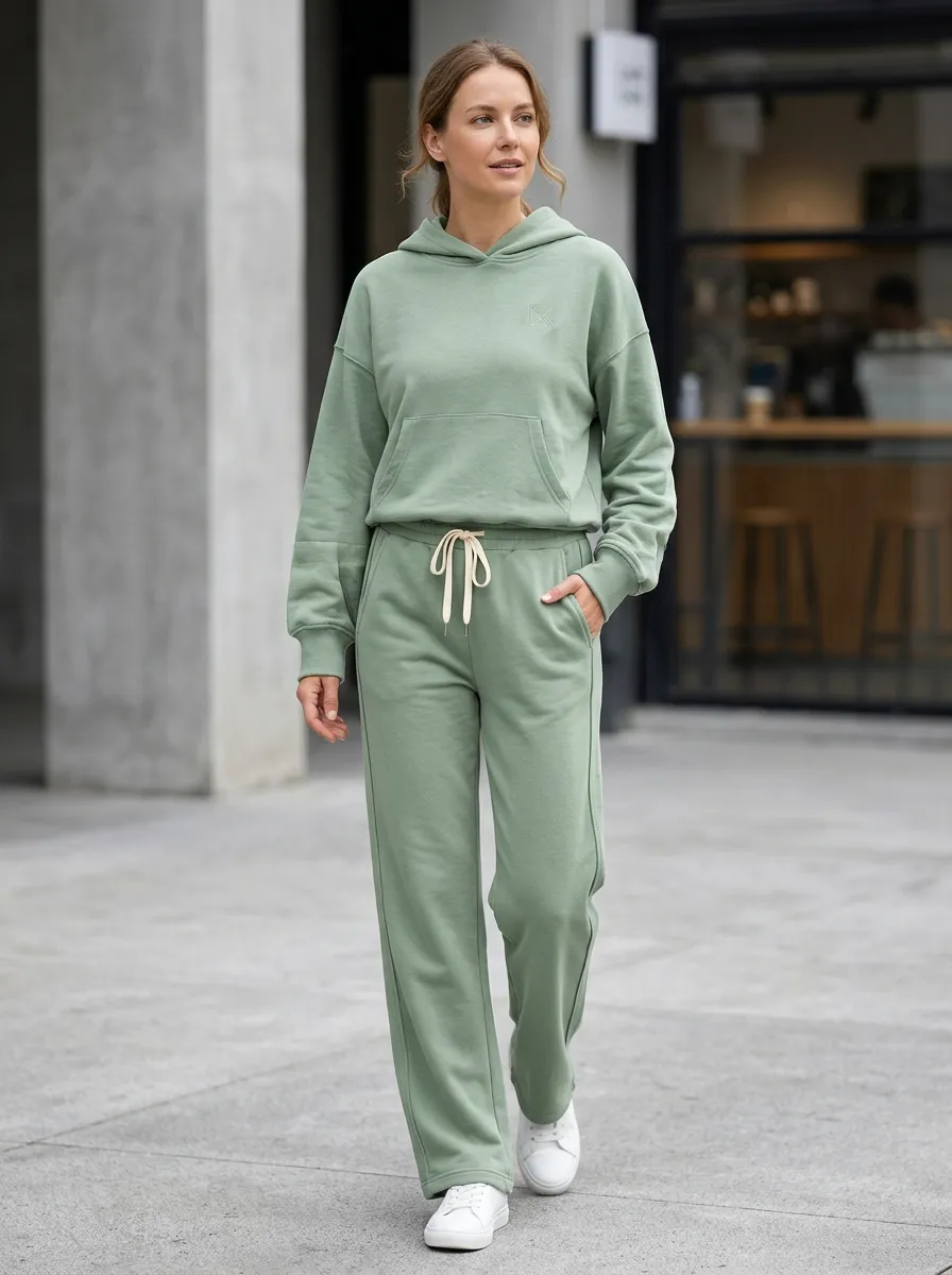 Women's Sage Green Minimalist Solid Color Printed Hoodie Jogger Set