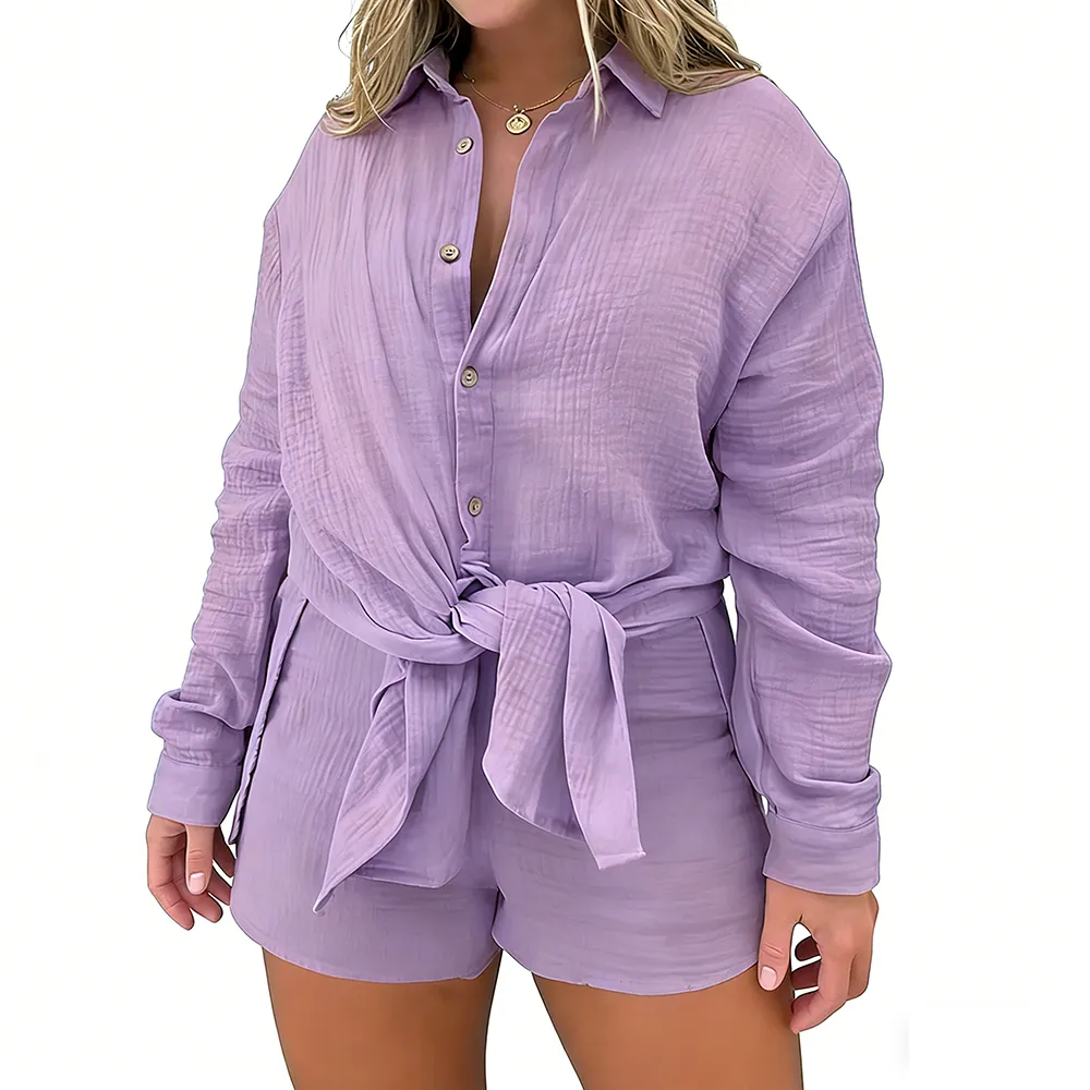 Women 2 Piece Outfits Long Sleeve Blouse and Shorts Sets