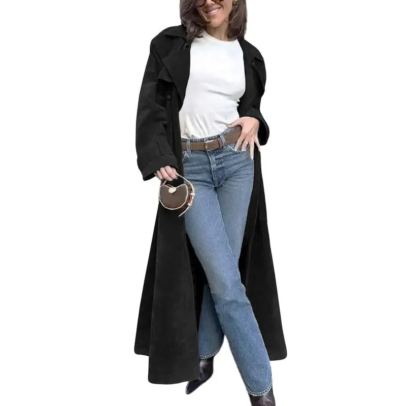 Women's Autumn And Winter Faux Suede Long Trench Coat Notched Lapel Double-Breasted Long Coat With Belt Casual Longline Outerwear Womenswear Jackets