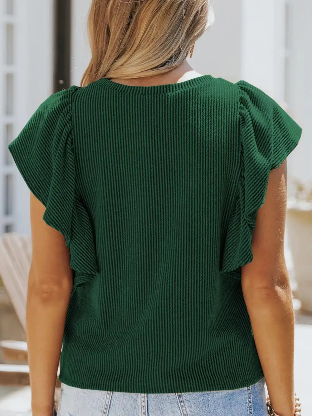 Ruffled Sleeve Ribbed Knit T Shirt Plus