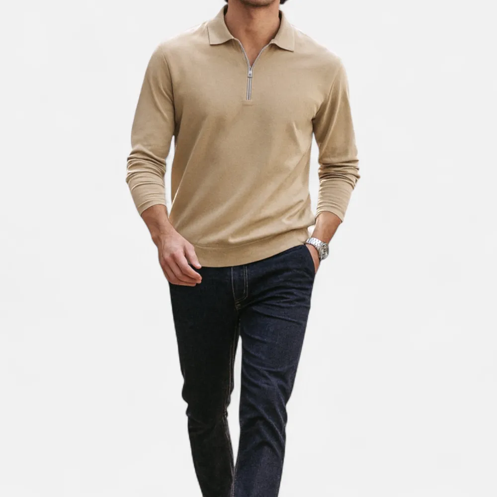 Denim Zip Collar Long Sleeve Polo Shirt