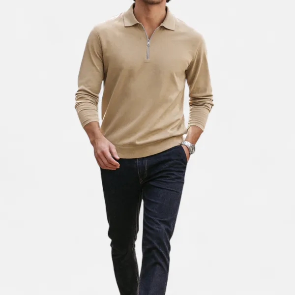 Denim Zip Collar Long Sleeve Polo Shirt