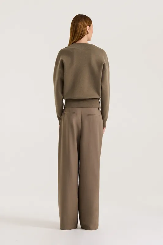 Light Khaki Oversized V-Neck Knit Jumper