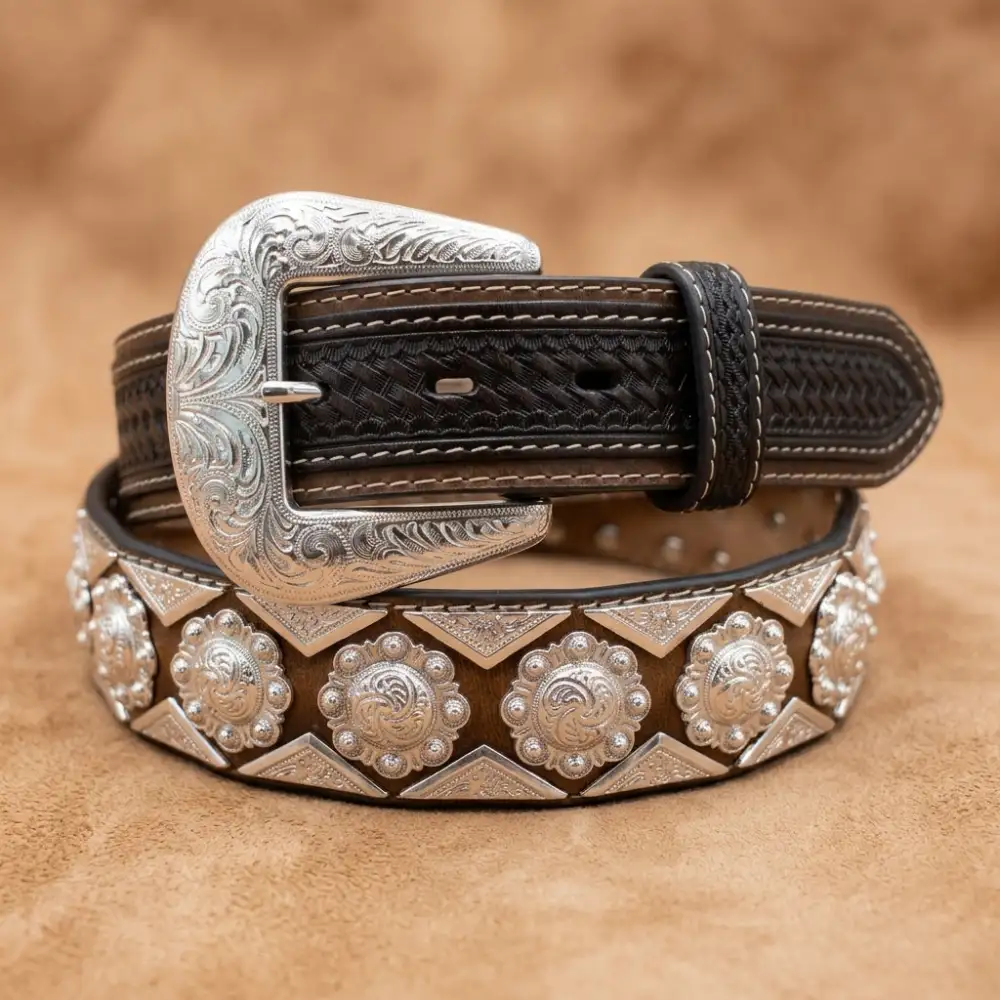 Basketweave Concho Studded Genuine Leather Western Belt