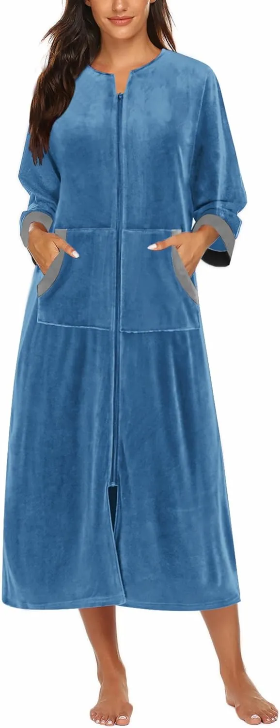 50% OFF Women Zipper Robe 3/4 Sleeves Loungewear Dress Full Length Sleepwear Pockets Housecoat Nightgown Long Bathrobe