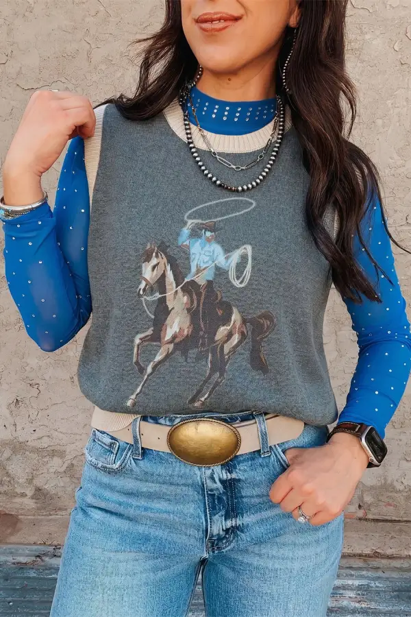 Western Print Colorblock Trim Cotton Sweater Vest