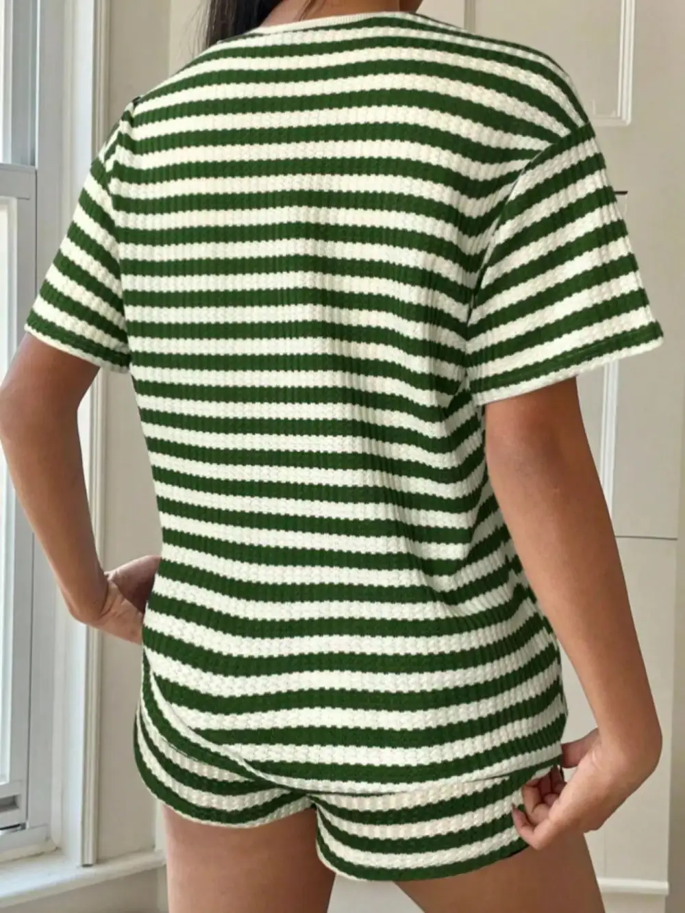 Easy Striped Round Neck Top and Shorts Set