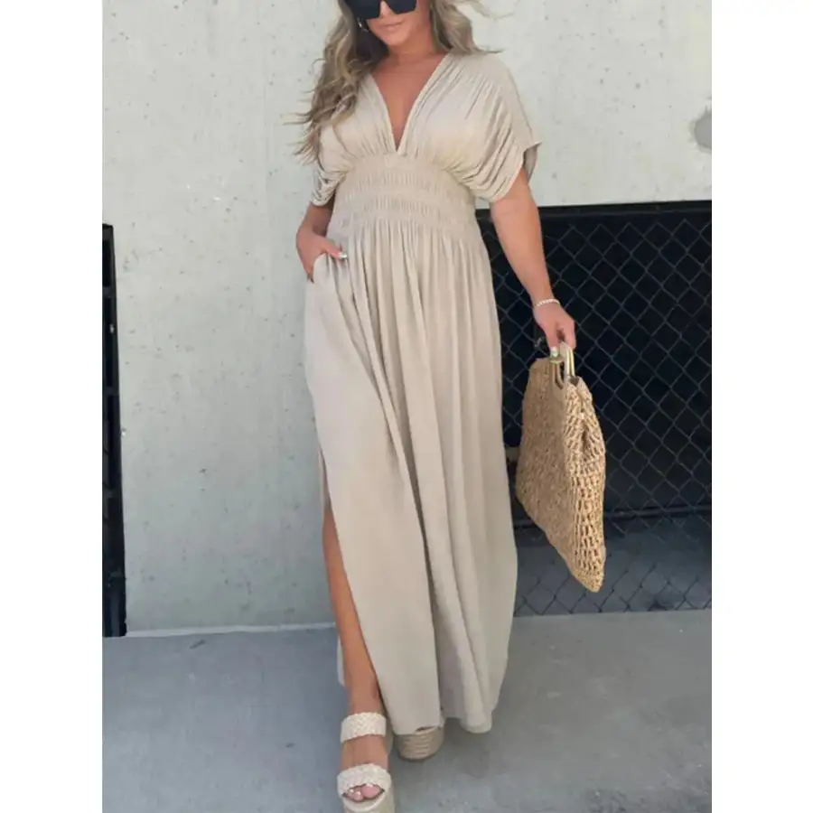 Full Size Deep V Neck Maxi Dress with Side Slit Plus Size