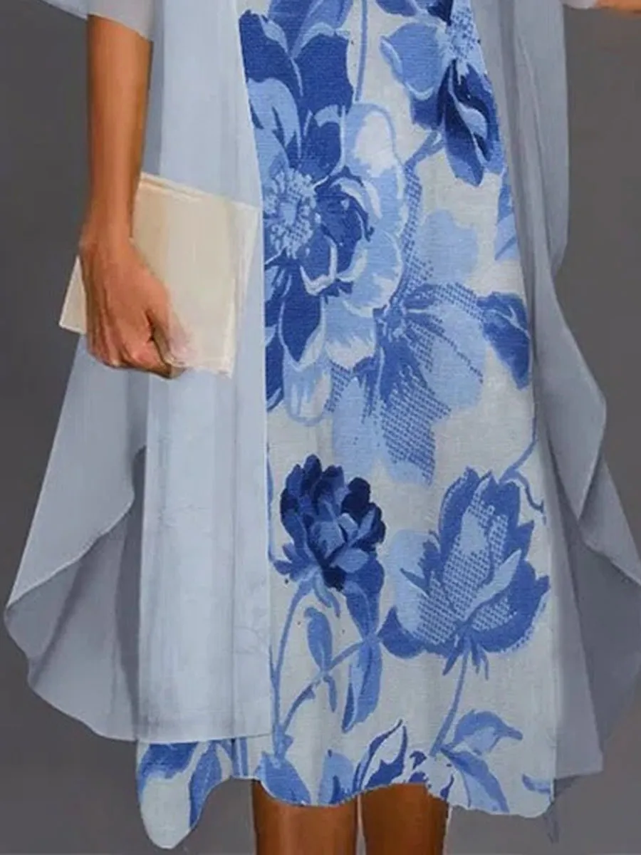 Round Neck Casual Loose Floral Print Suit Midi Dress