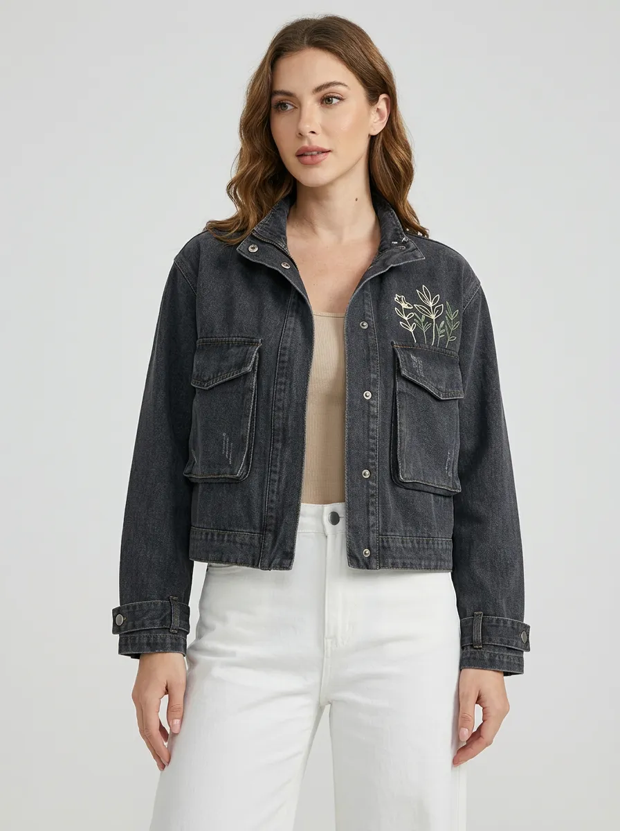 Women's Floral Line Art Embroidered Denim Jacket