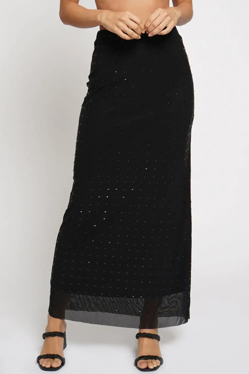 Mirror Glass Fix Mesh Maxi Skirt