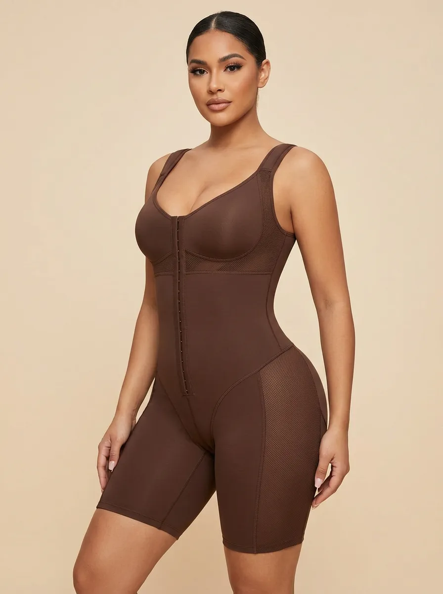 Women's Tummy Control Brown Mesh Hook-and-Eye Shapewear Bodysuit