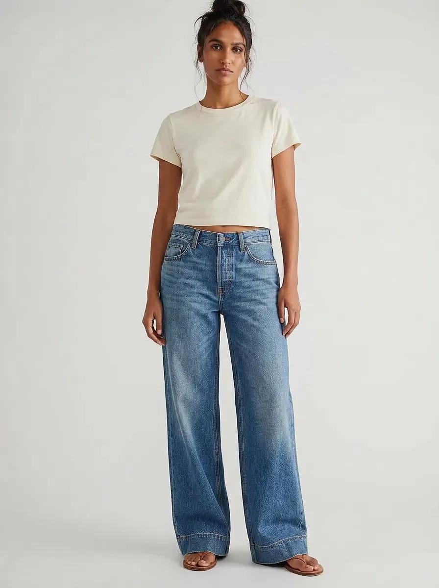 Women's Everyday Mid-Rise Relaxed Wide-Leg Denim Jeans