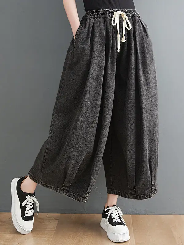 Artistic Retro Minimal Relaxed Fit Wide Leg Drawstring Jeans