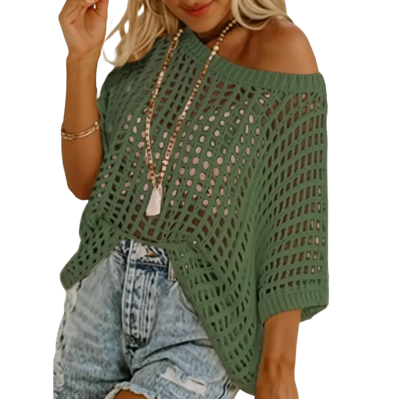 Women's Summer Scoop Neck Short Sleeve Sweater Casual Crochet Hollow Out Knit Tops Pullover Shirts Beach Coverup
