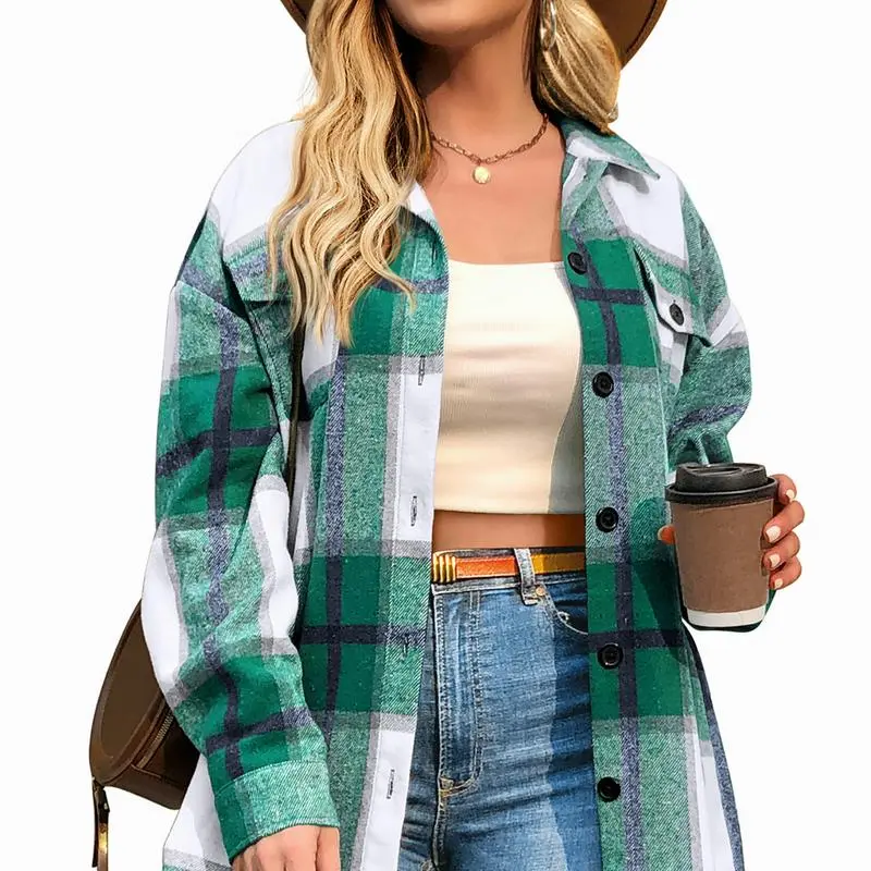 Women's Plus Size Shacket Jacket Flannel Plaid Long Sleeve Button Down Shirts Casual Fall Blouses Tops Winter Coats Winter Holiday