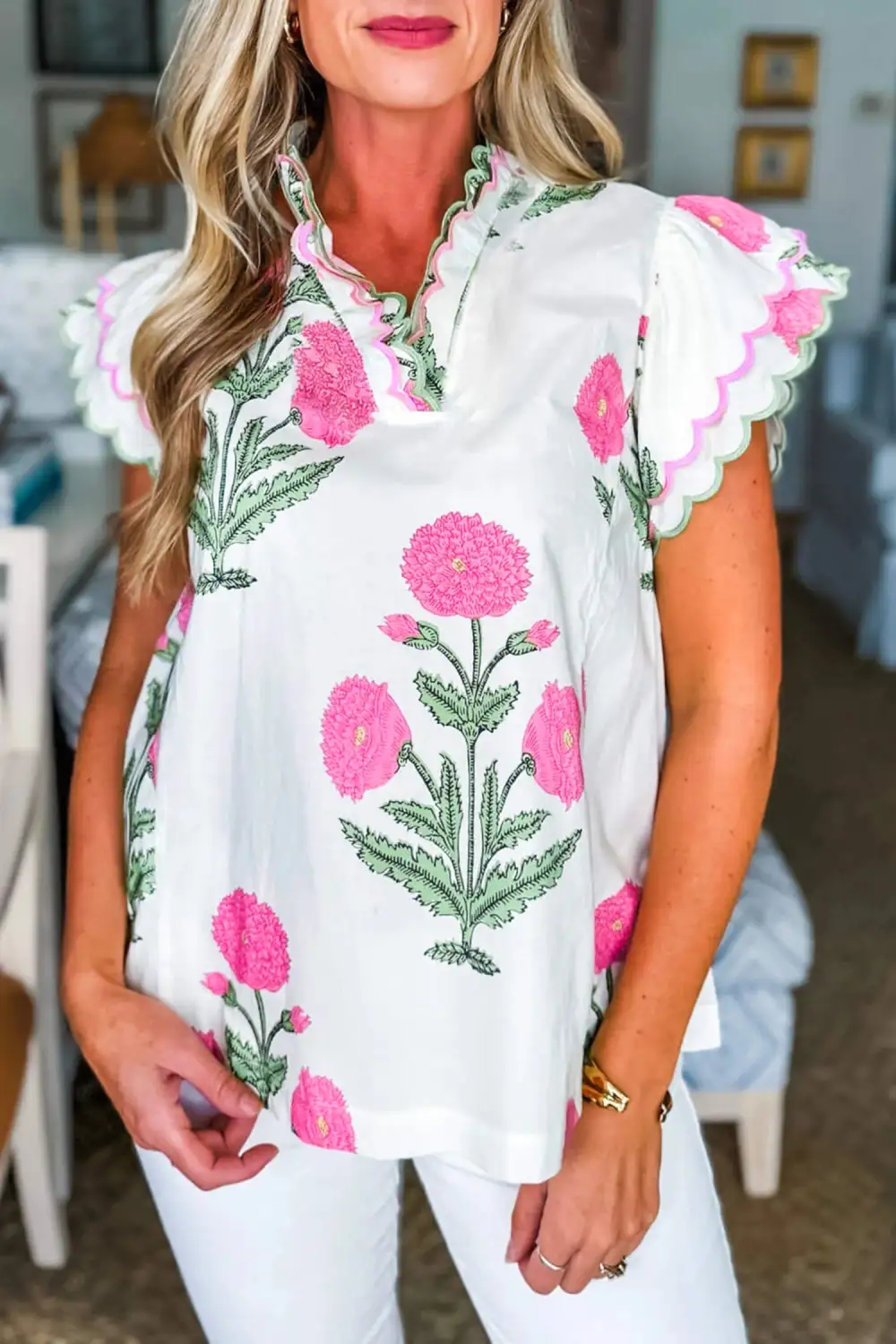 Pink Wild Flower Print Contrast Trim Scallop Detail Short Sleeve Blouse