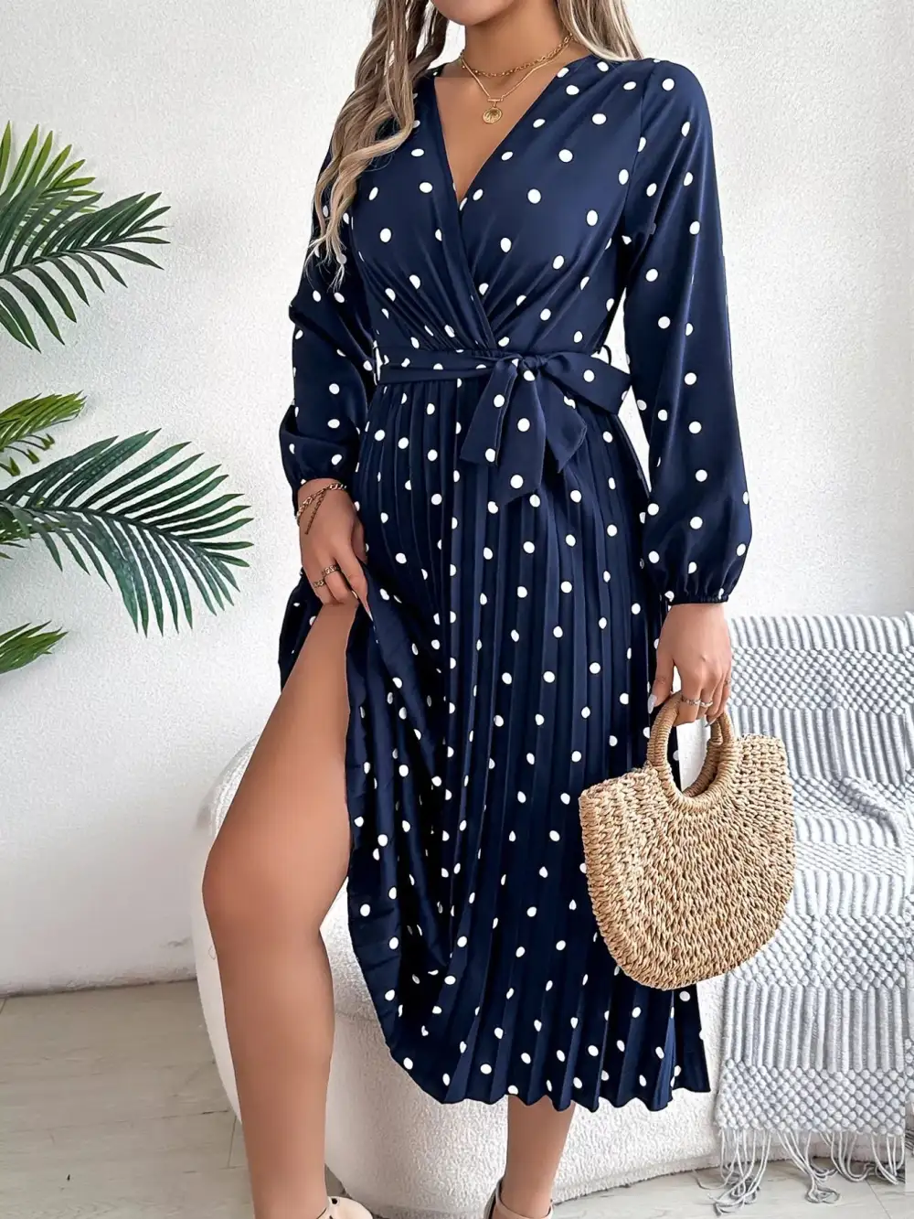 Polka Dot Pleated Midi Dress