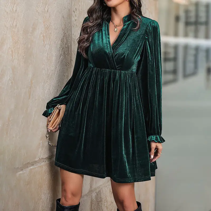 Women's V-Neck Long-Sleeve Velvet Ruffled Dress