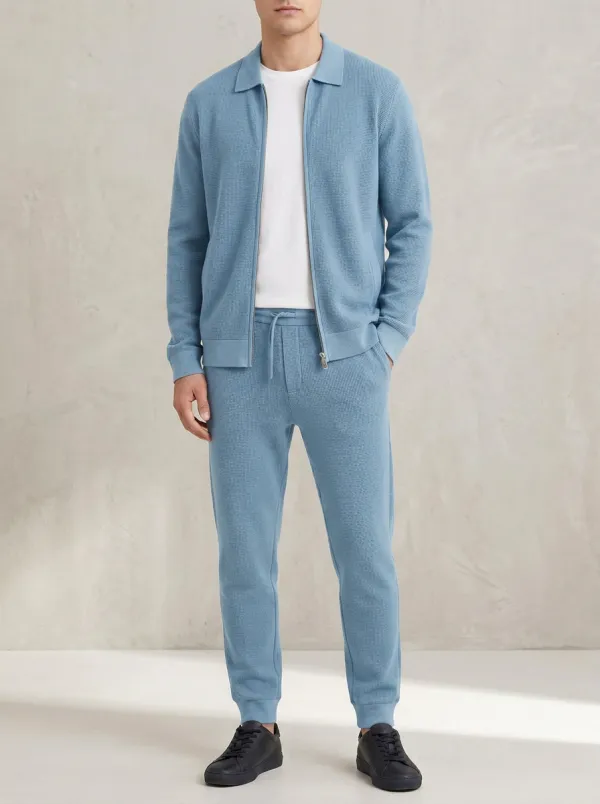 Men's Classic Waffle Textured Zip-Up Polo Collar Jacket and Jogger Pants Set