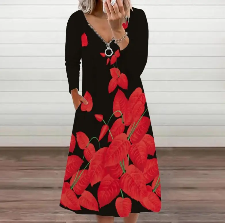 Zipper Printed V-Neck Long Sleeve Dress