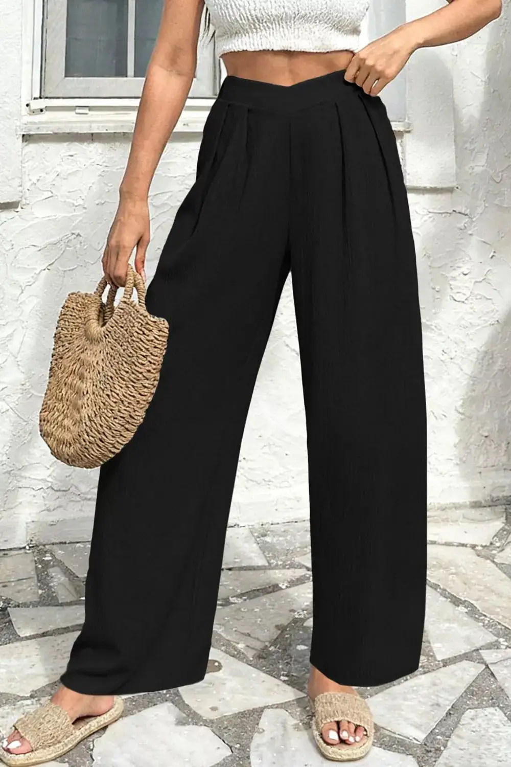 Solid Textured Crossed Waist Loose Pants