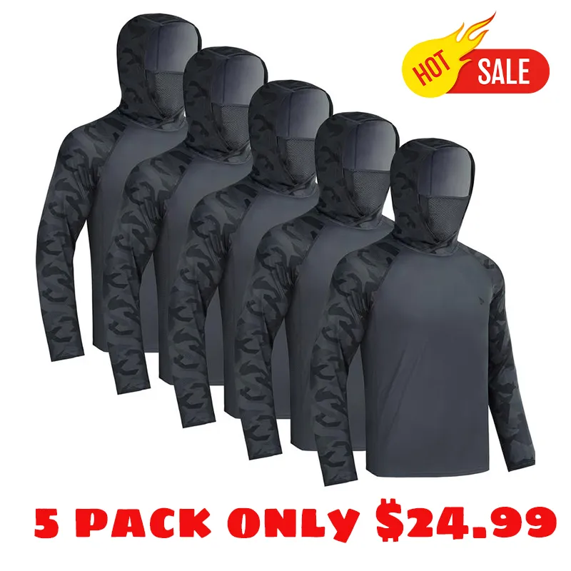 Men UPF 50+ UV Sun Hoodie Shirts with Mask Neck Gaiter  Protection Raglan Long Sleeve Lightweight Quick Dry Moisture Wicking Breathable Cooling Athletic Activewear