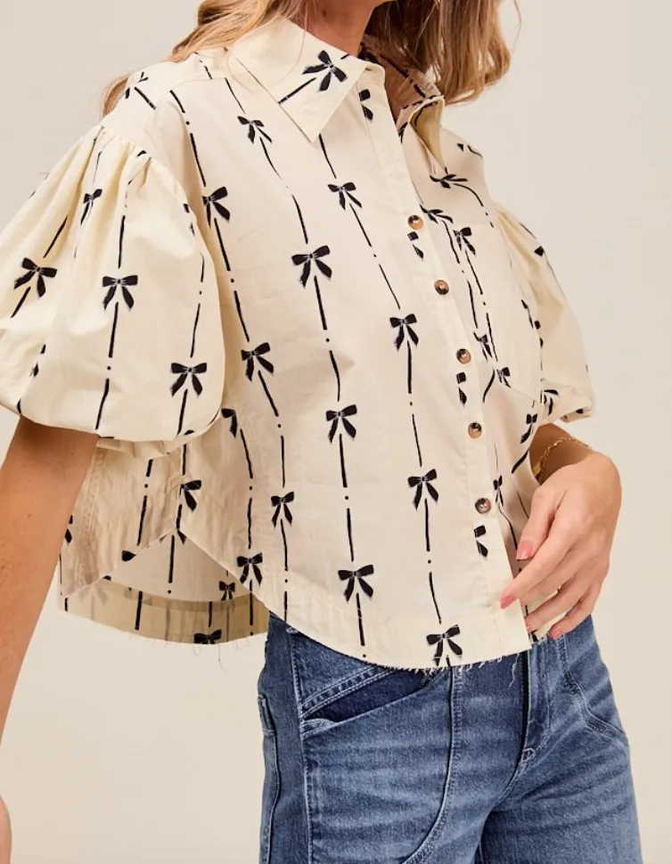 Bow Detail Button Front Puff Top