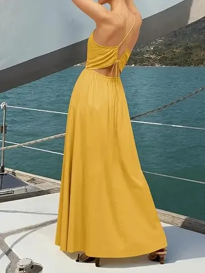 Women's Deep V-Neck Sleeveless Spaghetti Strap Ruched Flowy Maxi Sundress