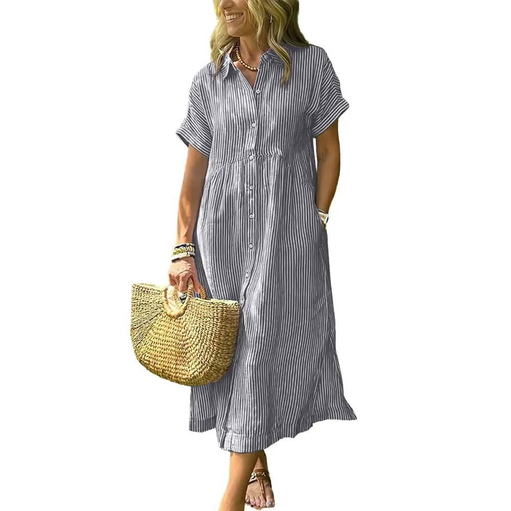 Women‘s Boho Striped Shirt Dress Button Down Loose Midi Dress with Pockets and Side Slit