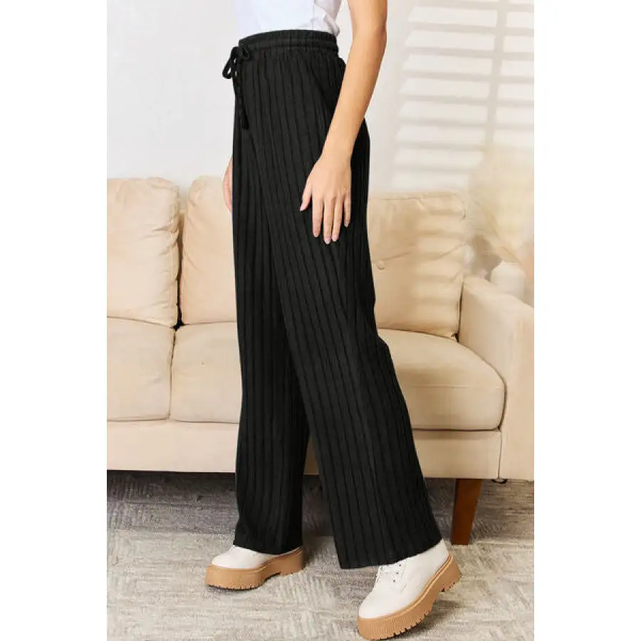Basic Ribbed Drawstring Hood Top and Straight Pants Set