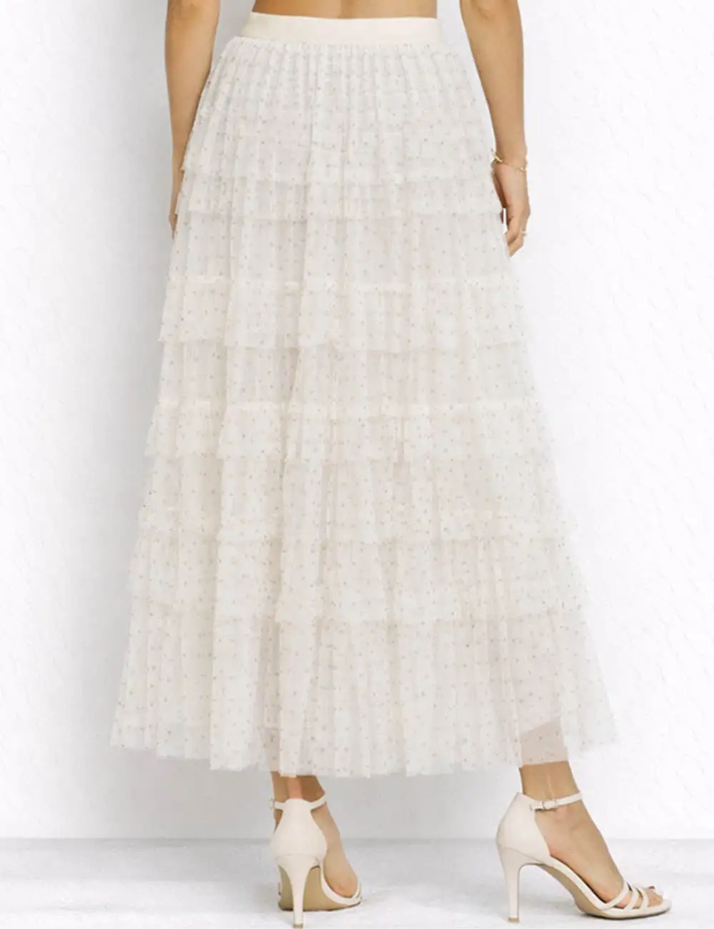 Chic Polka Dot Tiered Ruffle Elastic Waist Midi Skirt