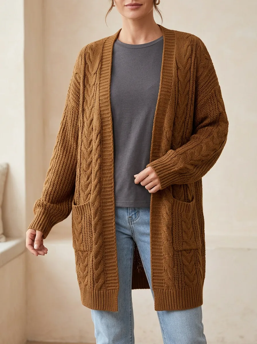 Women's Fall Cable Knit Open-Front Long Cardigan