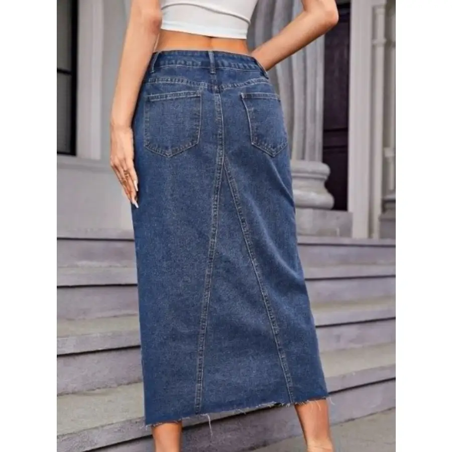 Relaxed Slit Midi Denim Skirt with Pockets