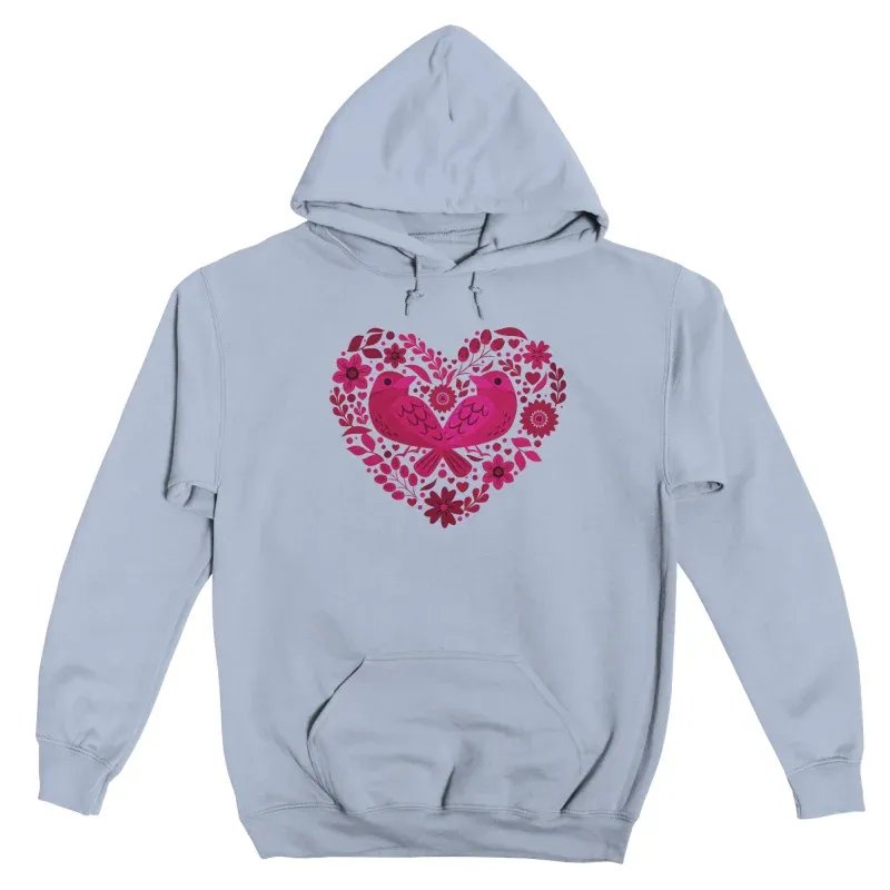 Men's Artistic Heart-Shaped Bird & Flower Pattern Print Long-Sleeve Hoodie