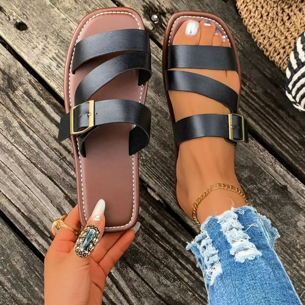 Textured Open Toe Buckle Sandals