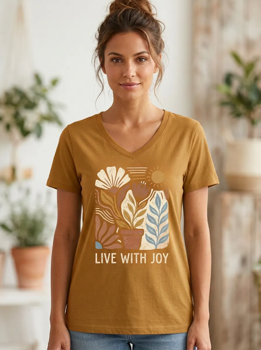 Women's Boho Plant Live With Joy Print V-Neck T-Shirt