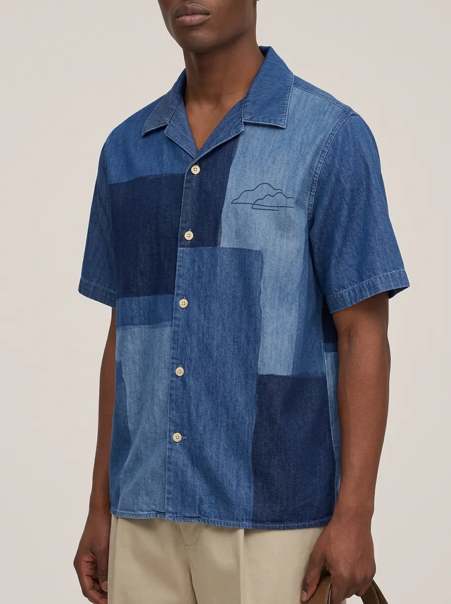 Men's Nature Lover Mountain Line Short Sleeve Denim Shirt
