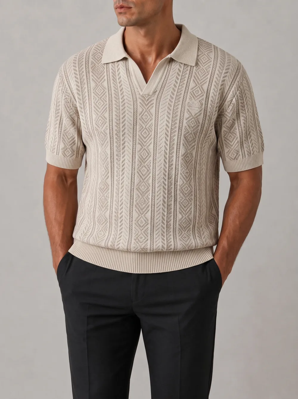 Men's Chevron Geometric Open Collar Knit Polo