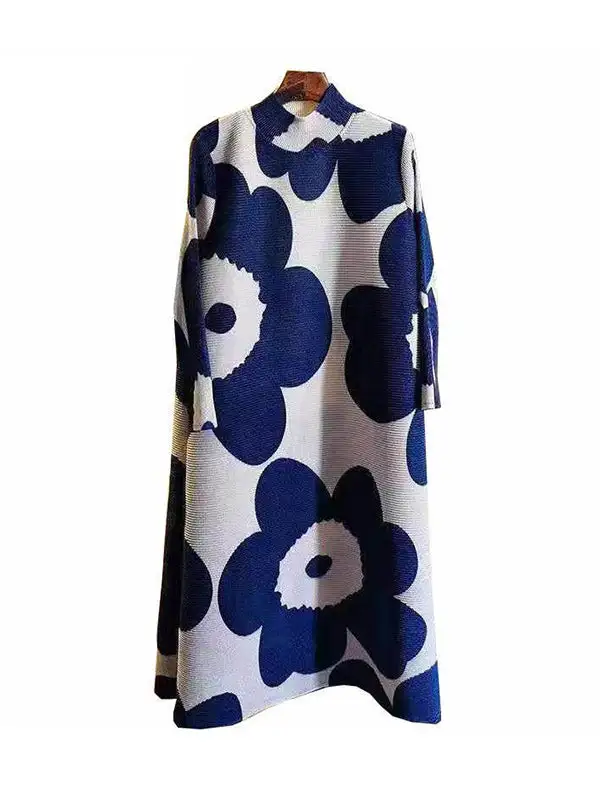 Long Sleeve Relaxed Flower Print Pleated Mock Neck Mini Dress