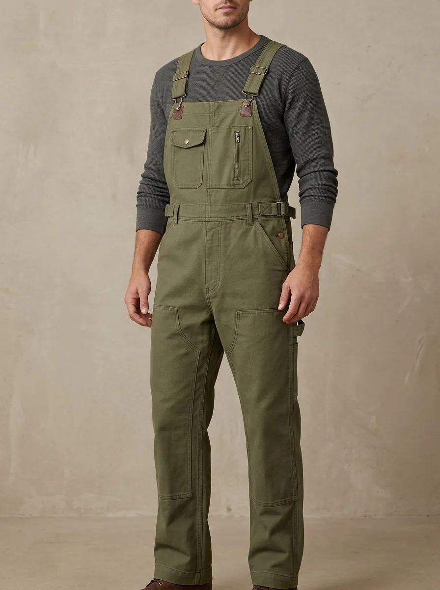 Men's Olive Green Utility Multi-Pocket Canvas Overalls