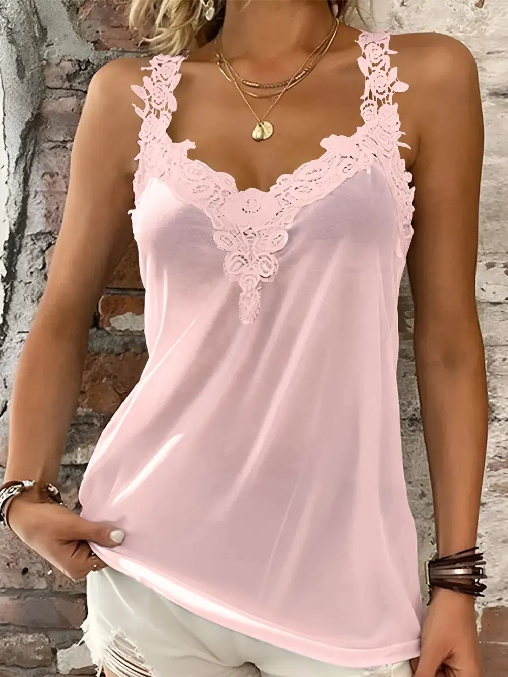 Lace Detail V-Neck Tank Polyester Blend