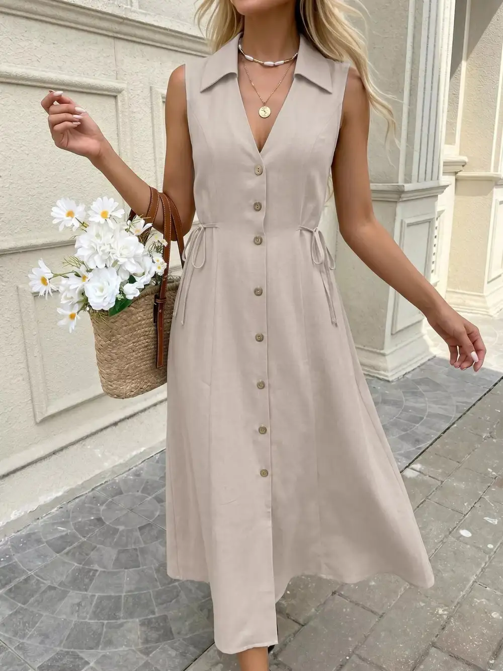 Button Front Sleeveless Midi Dress