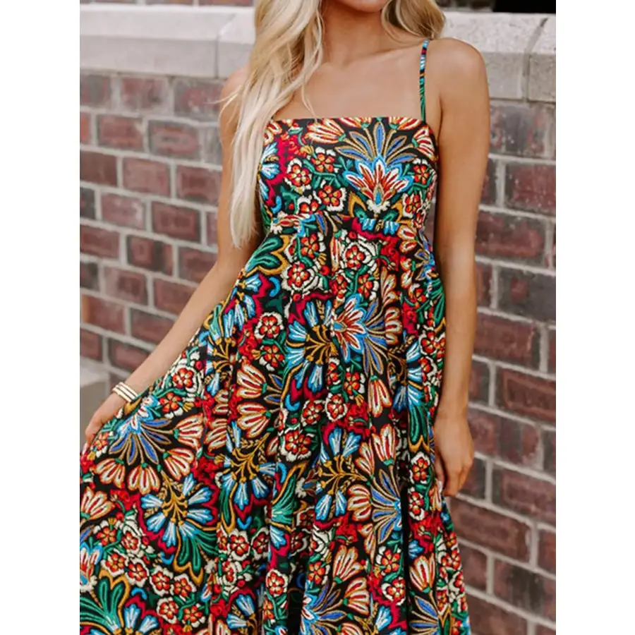 Floral Print Thin Straps High Waist Maxi Dress