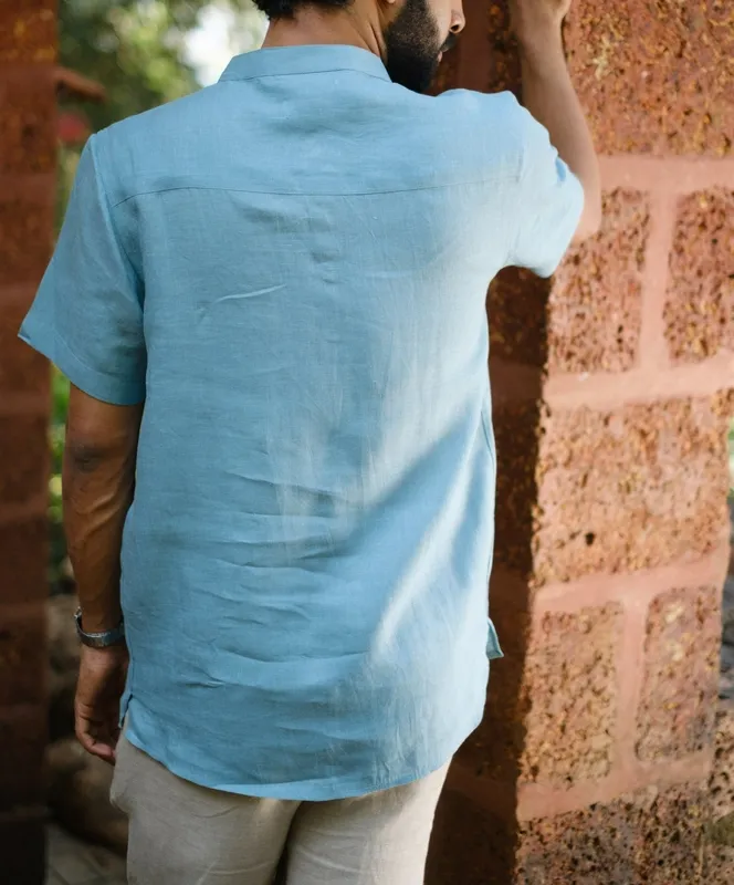 Aqua Linen Band Collar Shirt