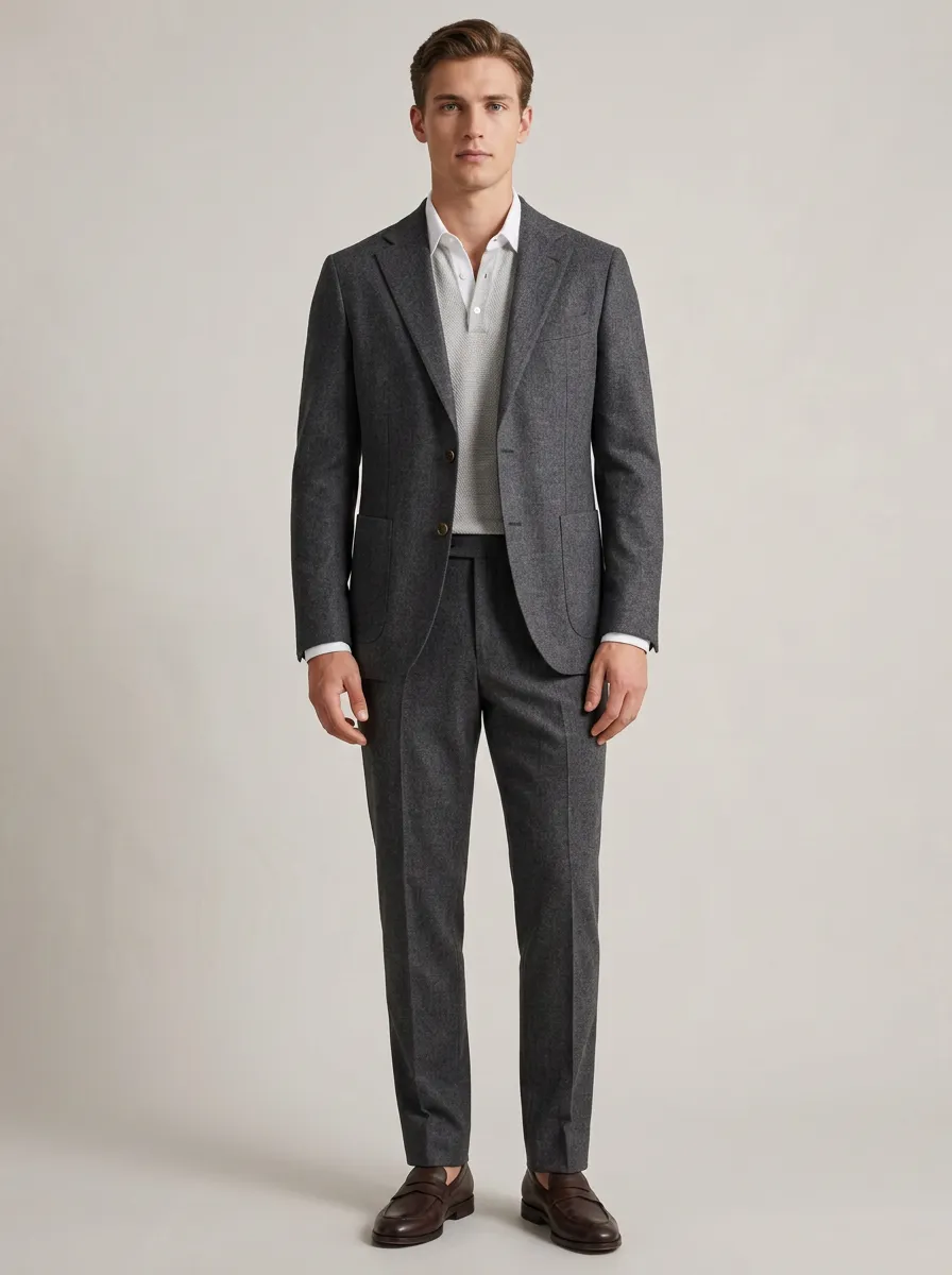 Men's Two Button Business Casual Grey Wool Blend Tailored Suit Set