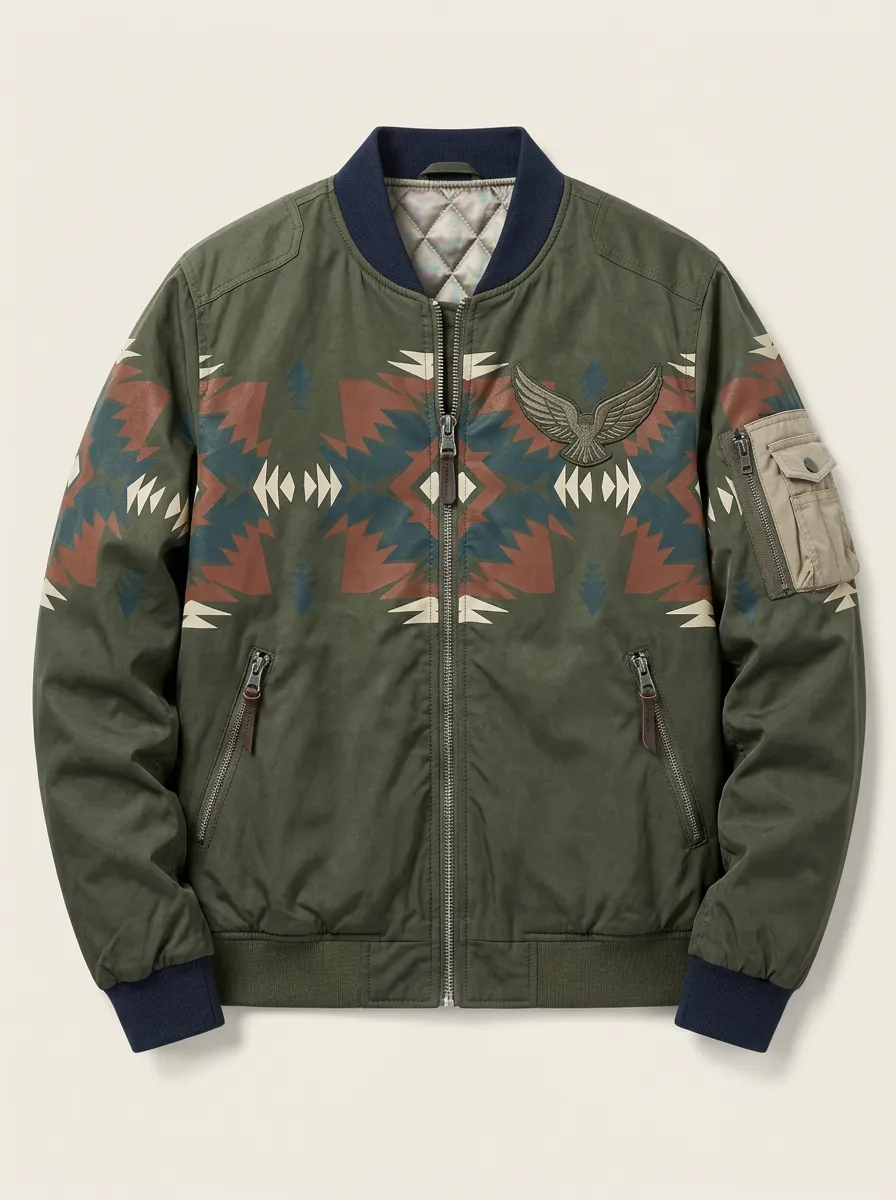 Men's Southwestern Eagle Pattern Printed Bomber Jacket