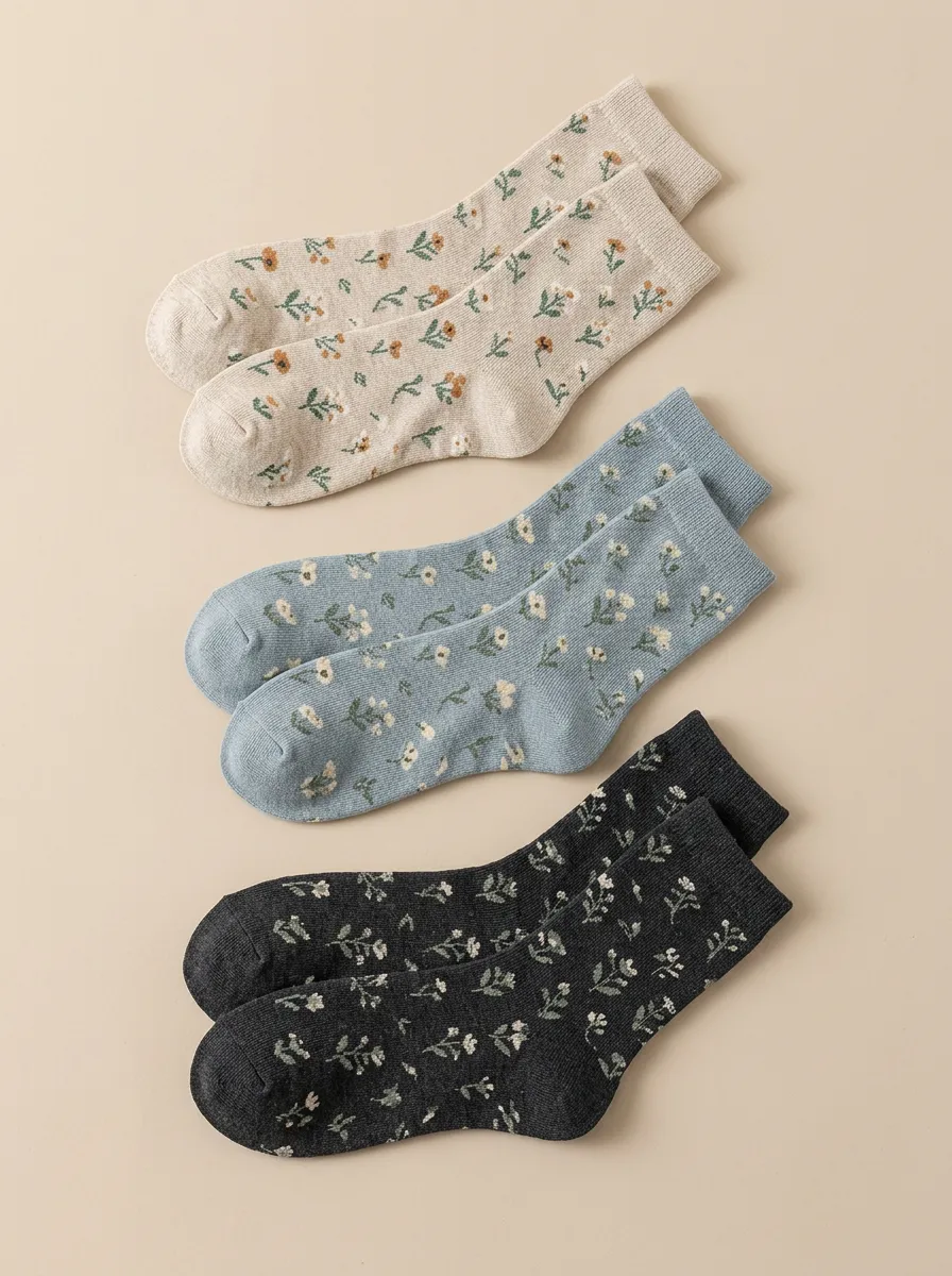 Women's 3-Pair Small Floral Ribbed Crew Sock Set